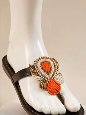 Hand-Beaded Orange and White T-Strap Sandal with Brown Leather